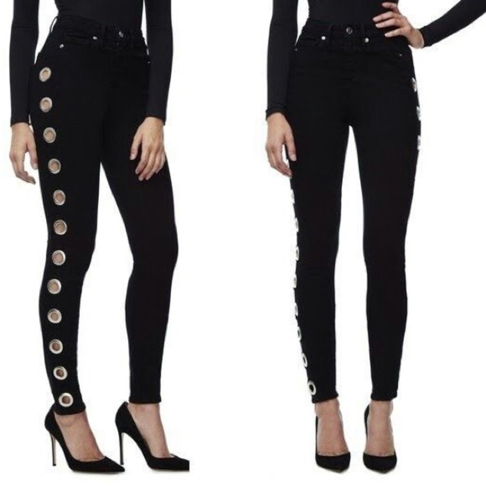 Good American Good Waist Grommets stretch black side whole Jeans sz 30 10